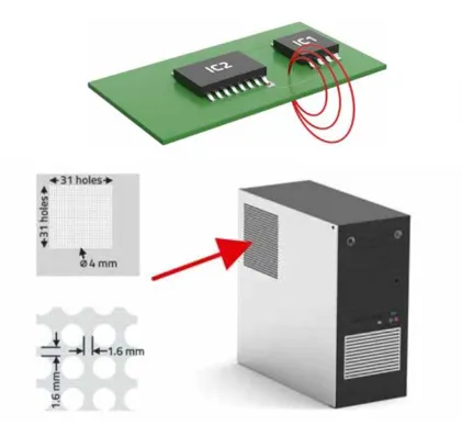 EMI leakage paths at enclosure seams and mounting holes with recommended overlap and grounding strap details