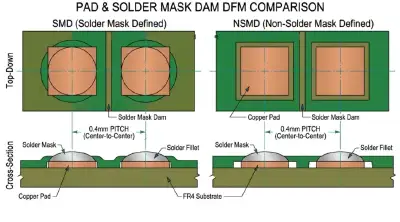 solder mask bridge between 0.4mm pitch BGA pads in HDI stackup