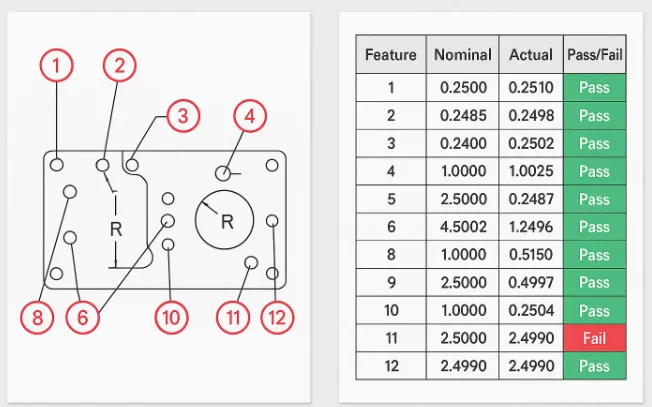 Annotated screenshot of a typical CNC first-article CMM report