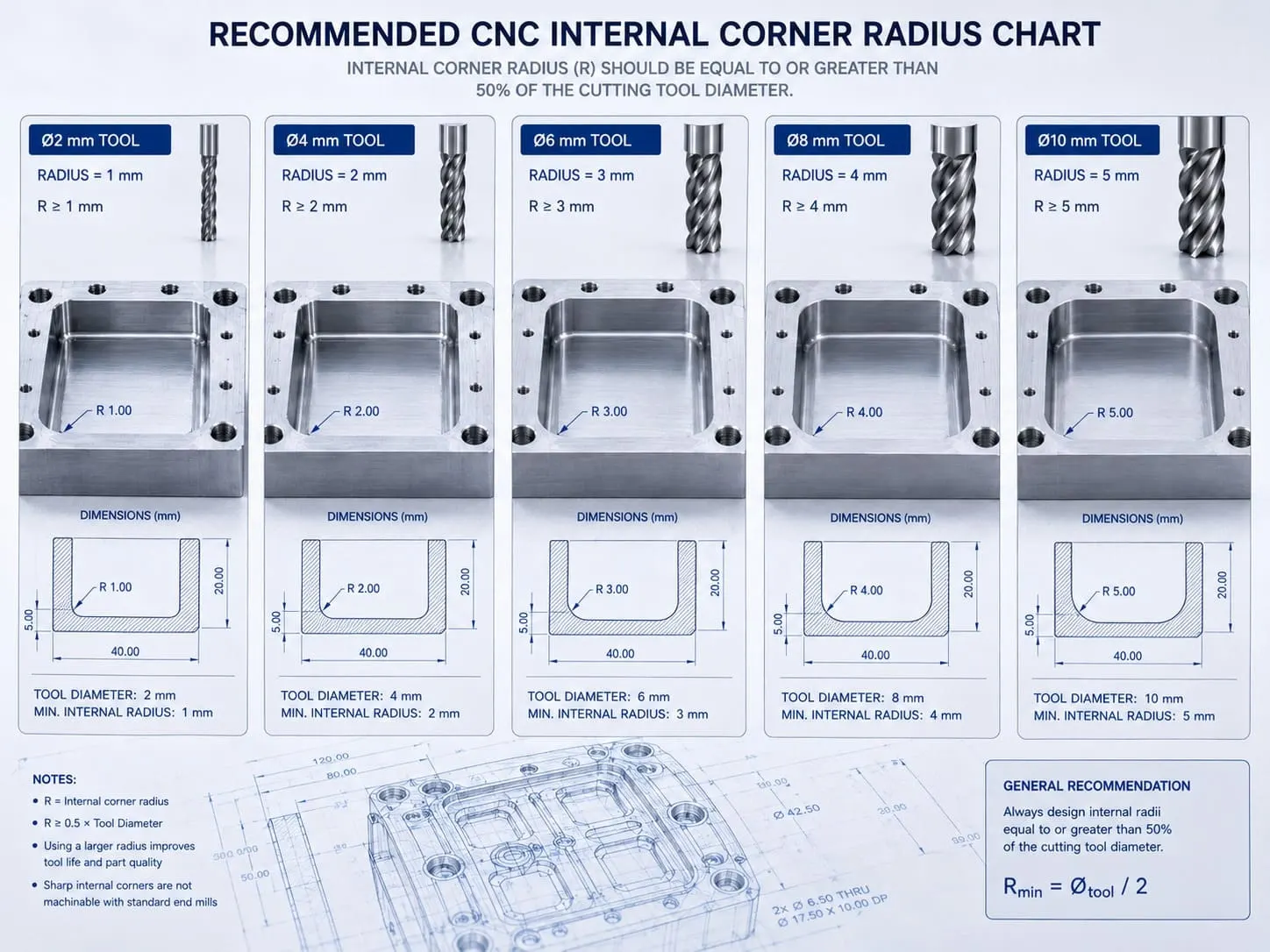 Design guideline chart for CNC internal corner radius based on part material, feature depth, and tolerance requirements.