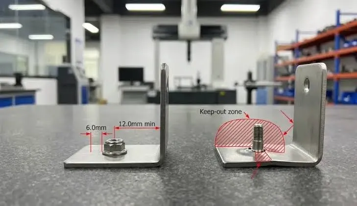 Recommended clearance zones around bends and edges for holes and cutouts in sheet metal enclosures
