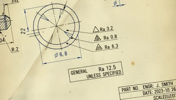 Part drawing example showing selective surface finish callouts versus blanket Ra requirement