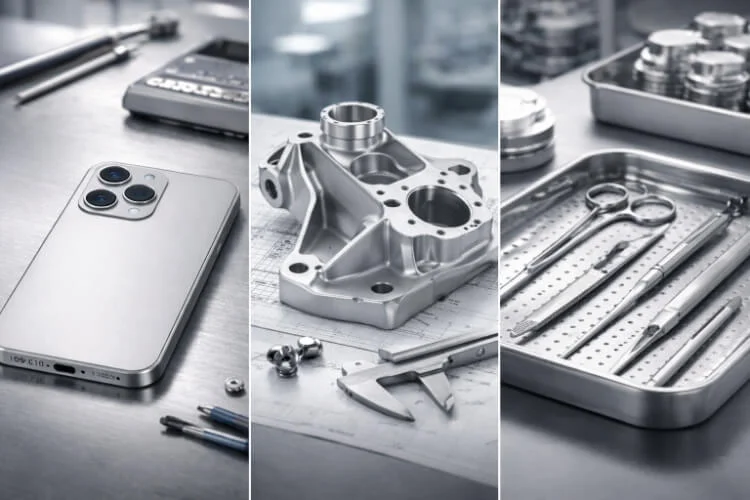 Application examples contrasting bead blasted industrial components with brushed finish consumer electronic enclosures.