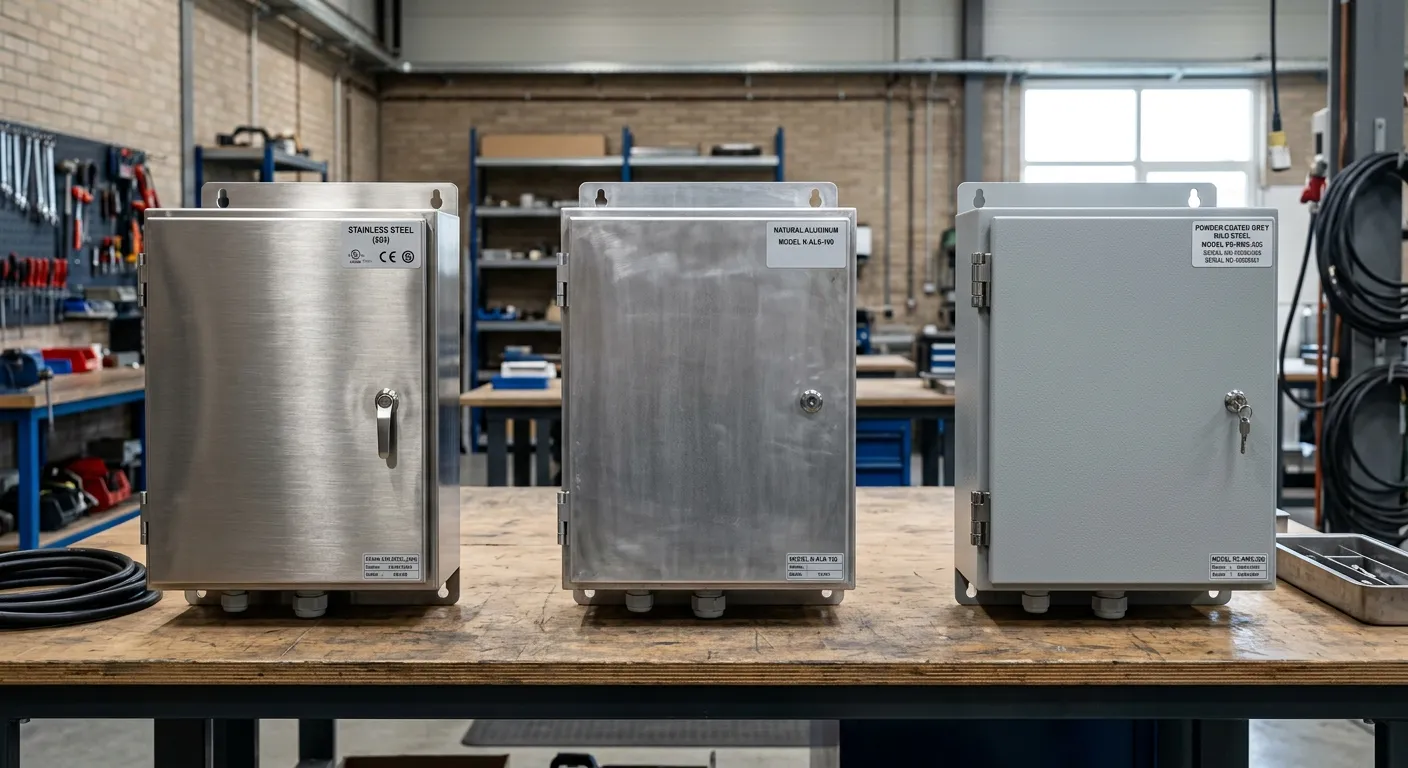 Side-by-side comparison of aluminum, cold-rolled steel, stainless steel, and galvanized steel enclosure samples