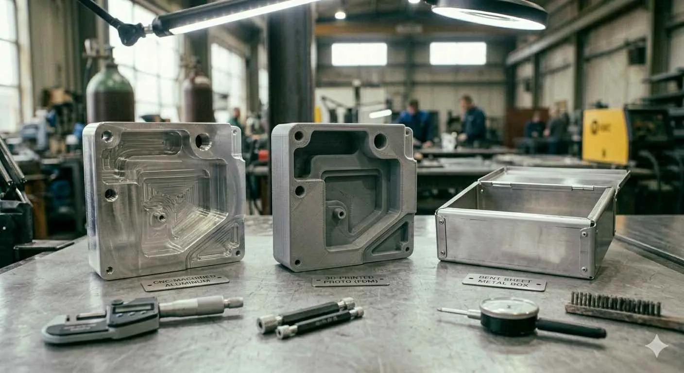 Side-by-side comparison of complex versus simplified enclosure geometry showing setup and tooling differences