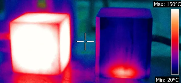 Infrared camera stills of the same pocket being machined in aluminium versus titanium