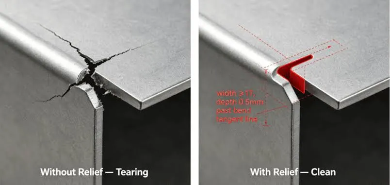 Side-by-side photographs of two identical 2 mm 304 stainless flanges—one bent at 1×T (clean outer radius) and one bent at 0.5×T (clear longitudinal cracks on the outside of the bend)