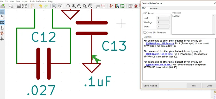 KiCad Schematic Editor showing a hierarchical sheet with net class highlighting and ERC error markers.