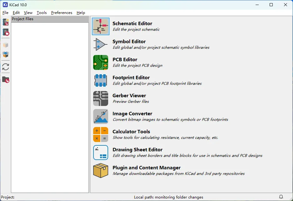 Screenshot of the KiCad Project Manager window showing a typical project with Schematic Editor, PCB Editor, and 3D Viewer icons visible. 