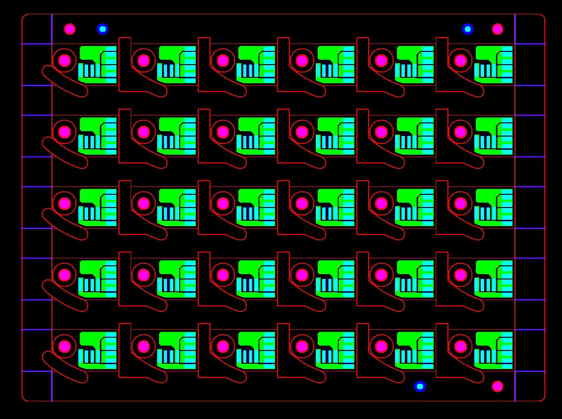 6x5 layout with 2.0 mm X-axis and 5.0 mm Y-axis spacing plus 5 mm process edges
