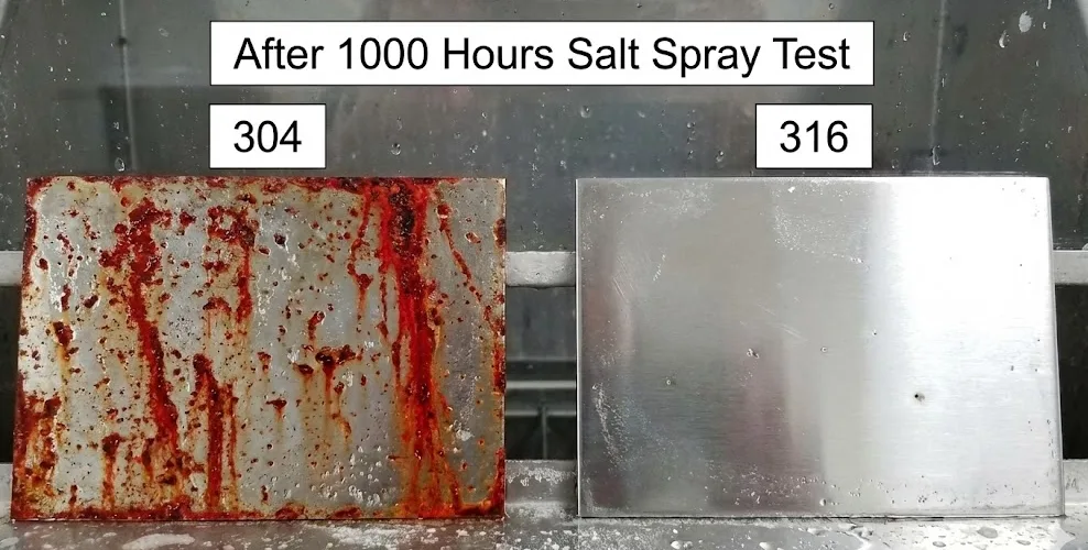 Side-by-side corrosion test comparison showing pitting resistance of 304 versus 316 sheet after salt-spray exposure, with clear visual difference in surface attack.