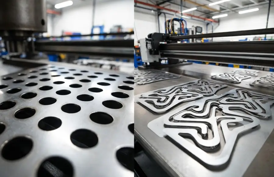 Side-by-side process illustration showing laser cutting a complex outer contour versus CNC punching a panel dense with standard holes and louvers.