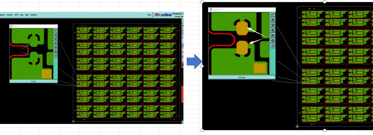 he two pads indicated by the arrow on the bottom layer do not have solder mask openings designed
