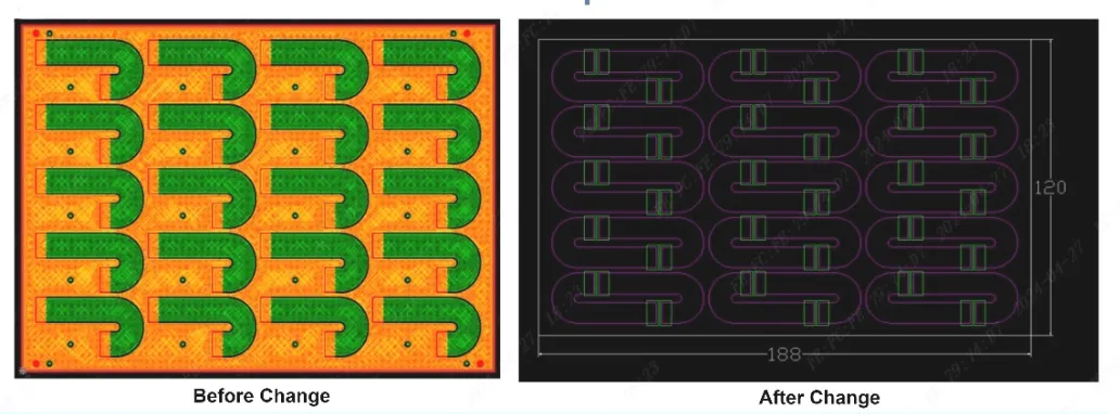 Before and after DFM optimization of FPC panel tab layout