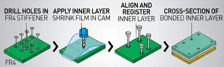 Process flow diagram illustrating FR4 stiffener drilling, inner shrink application in CAM, alignment registration, and final bonded cross-section with tolerance stack-up.