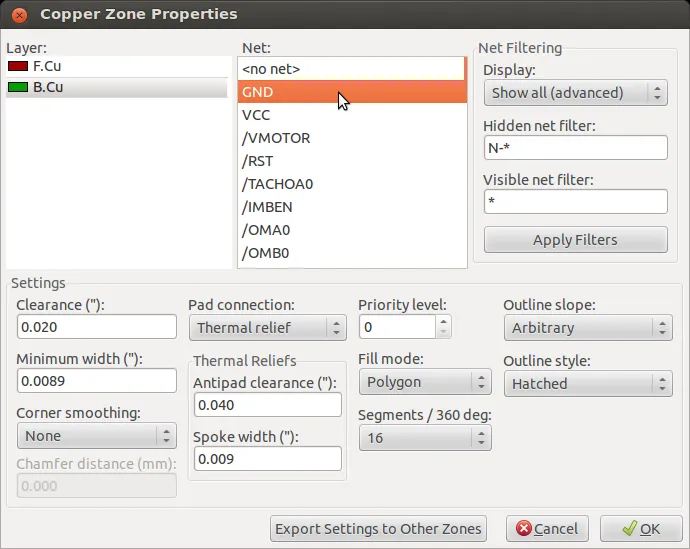 KiCad Copper Zone Settings