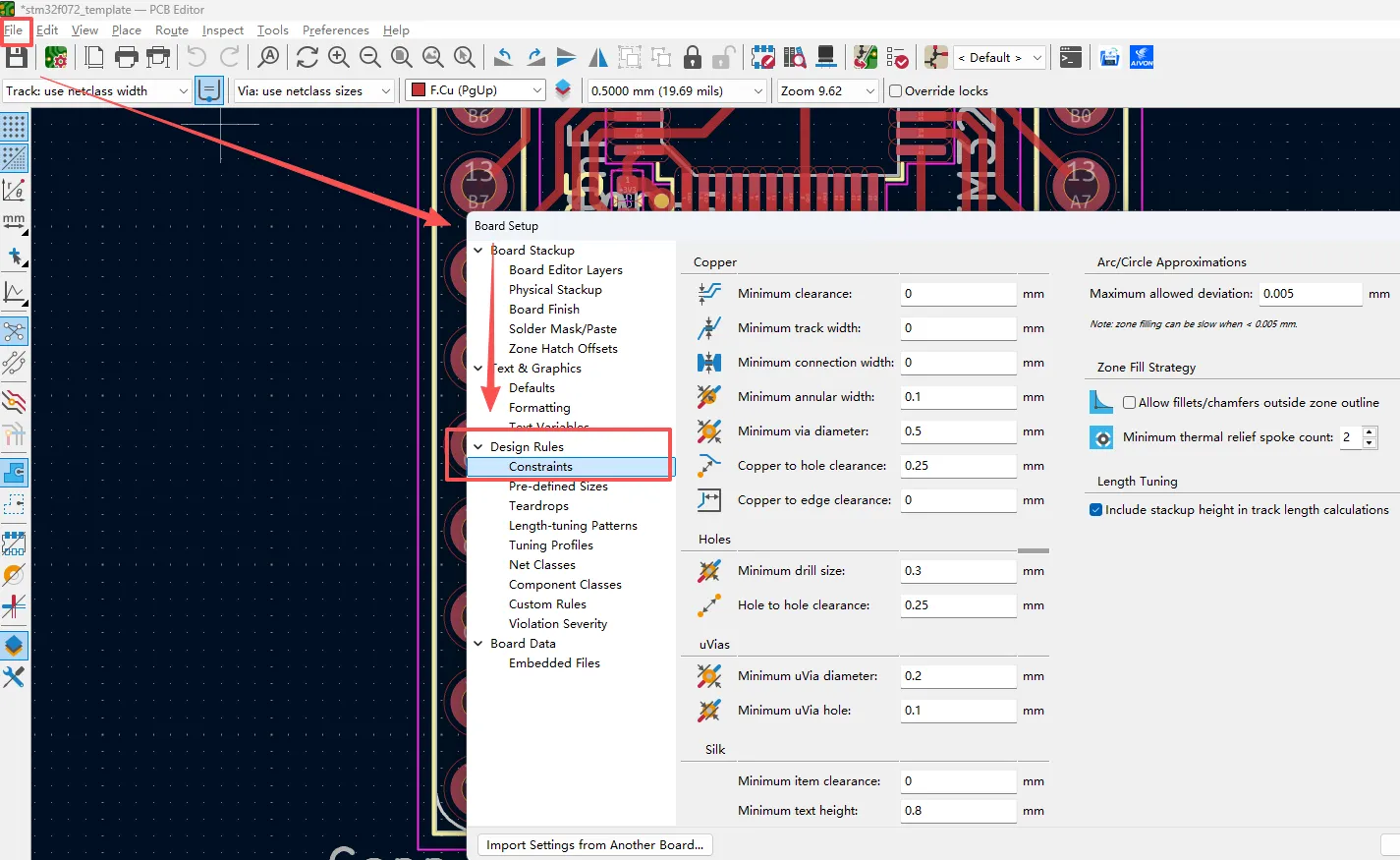 KiCad PCB Editor screenshot of Board Setup → Design Rules → Constraints dialog with Via diameter, Via drill, and Minimum annular ring fields highlighted.