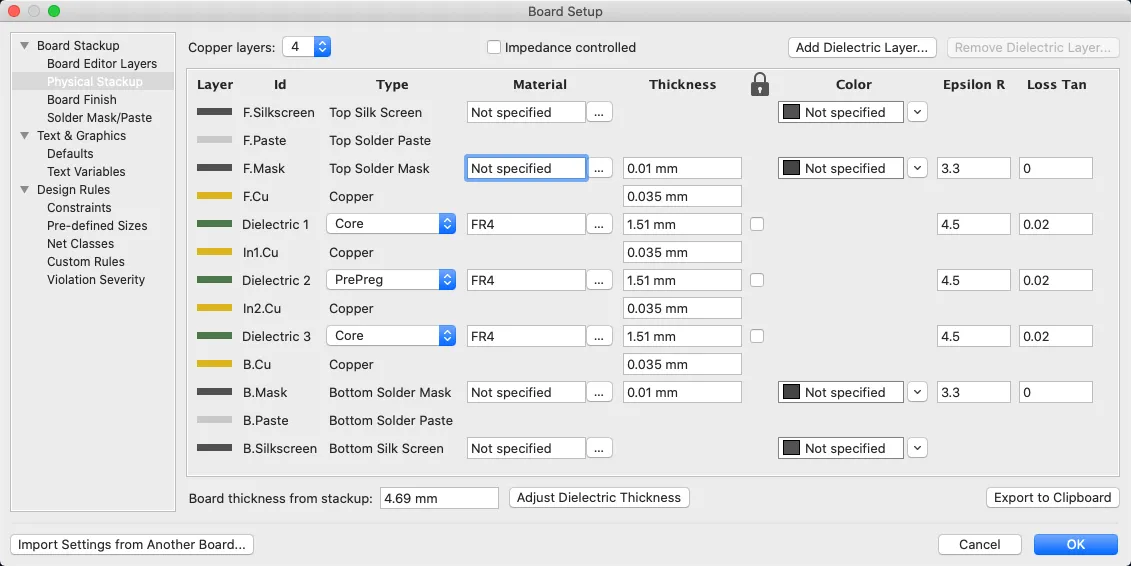 KiCad Board Setup window open on the Physical Stackup page, showing a 4-layer configuration with copper weights, dielectric thicknesses, and layer names