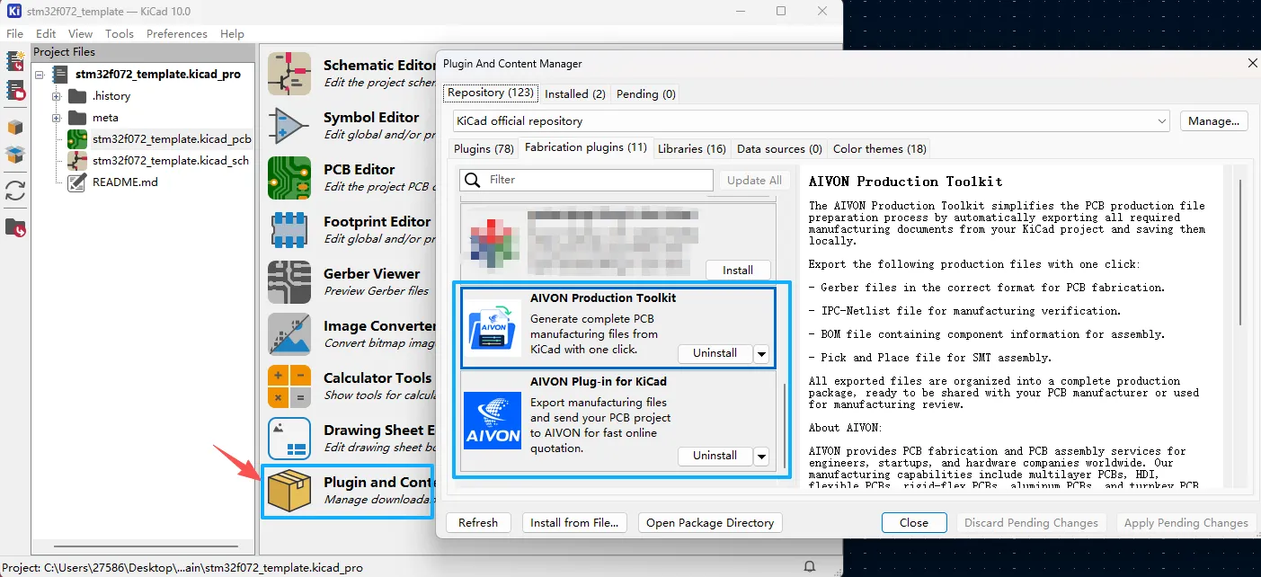 Screenshot of KiCad Plugin and Content Manager with the AIVON plugin selected and Install button visible.