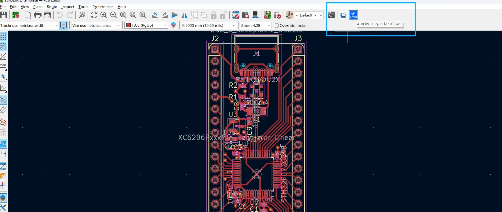 KiCad PCB Editor with the AIVON plugin icon visible in the toolbar or External Plugins menu