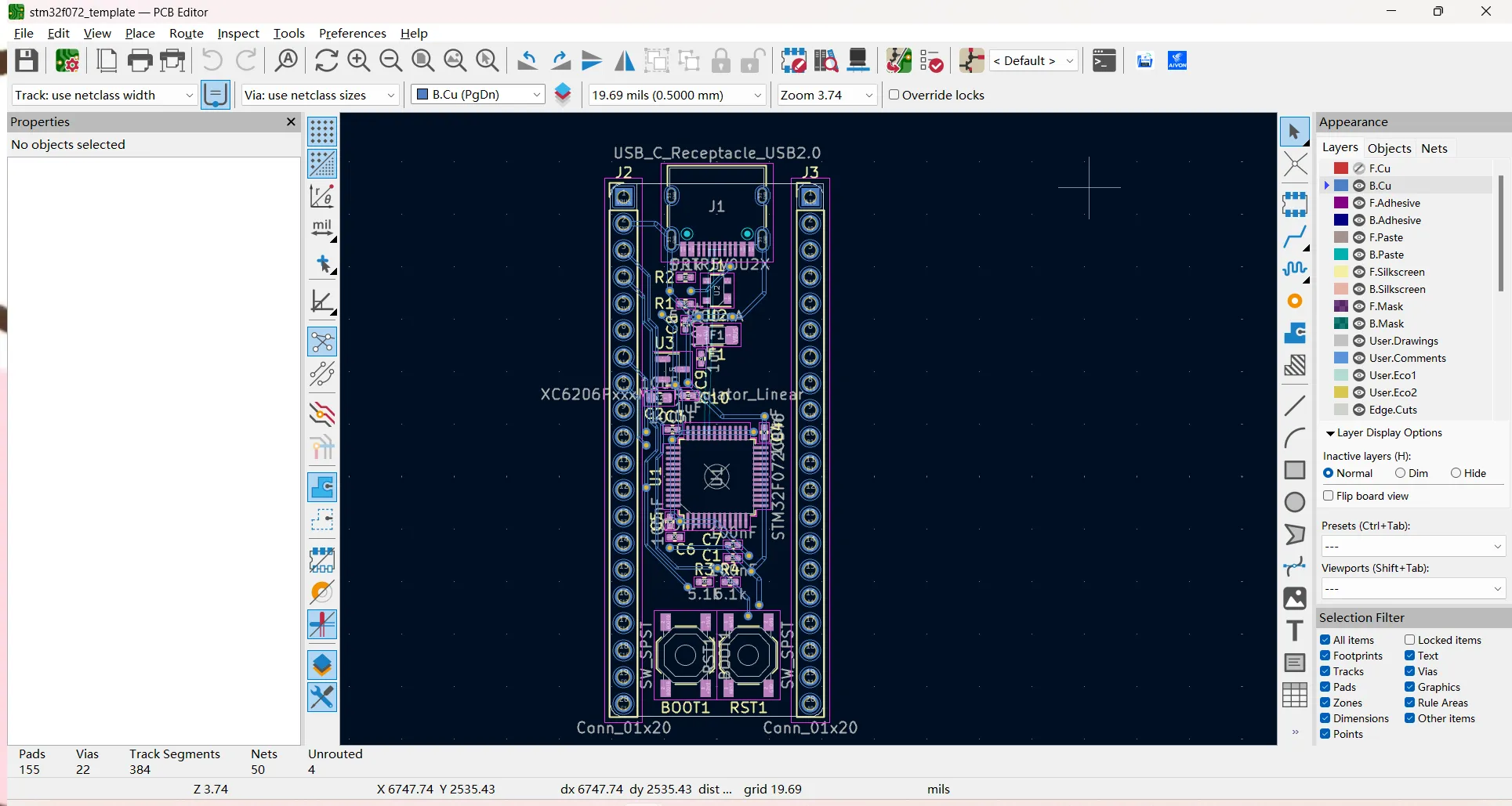 KiCad Plot dialog with the correct layers selected for assembly (copper, mask, silkscreen, paste, Edge.Cuts) and the drill generation options visible