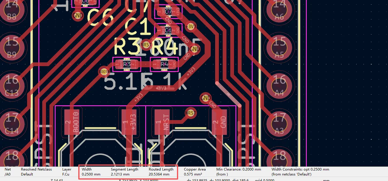 controlled-impedance differential pair on the board in the KiCad PCB editor.