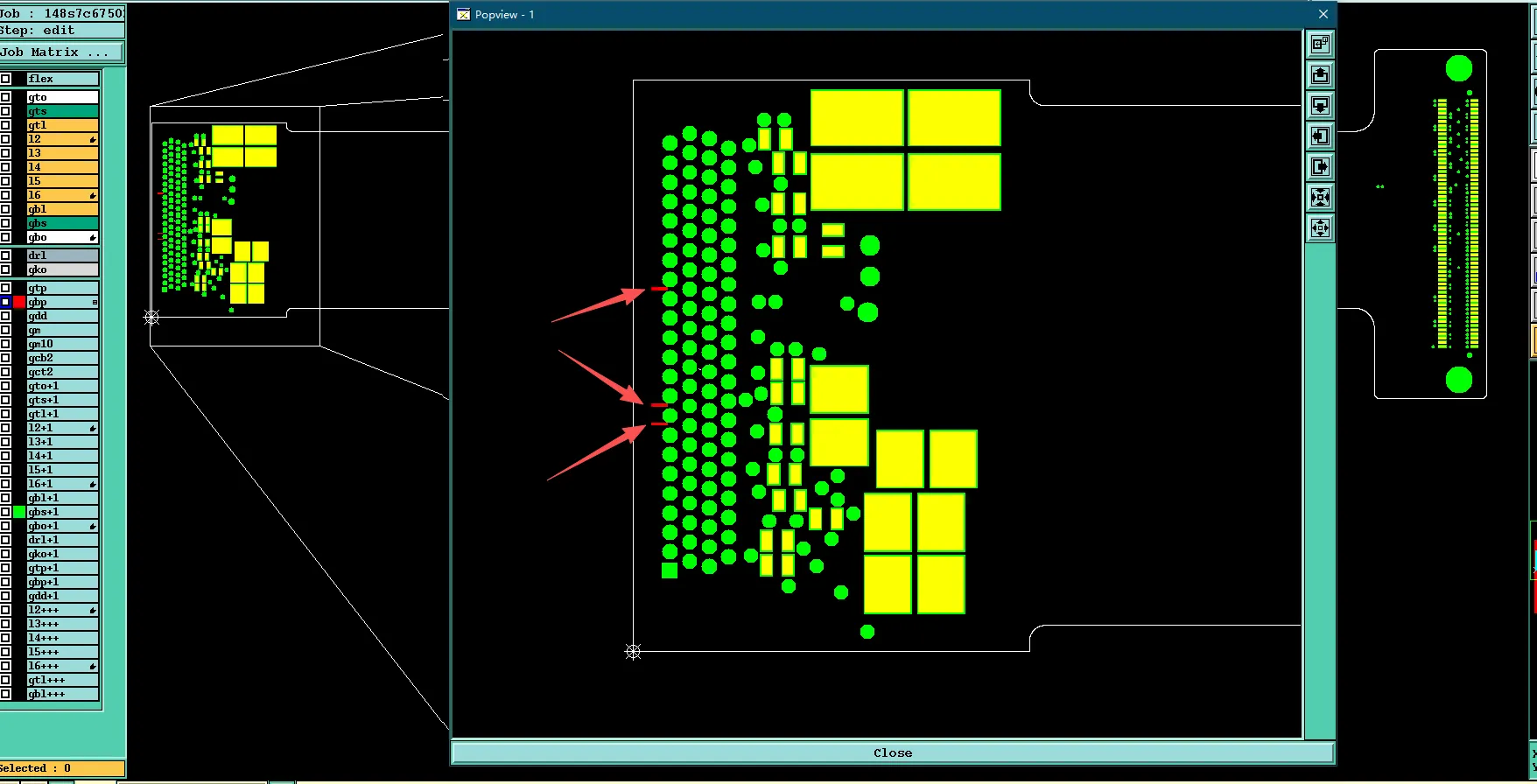 the GBP layer has three additional pads (indicated by the red arrow) compared to the GBS layer