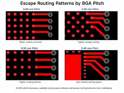 Top-view comparison of escape channels between pins on pitch HDI connectors