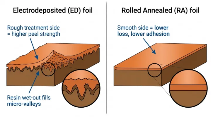 Side-by-side photographs of a properly bonded copper–resin interface versus a peeled copper foil after thermal stress