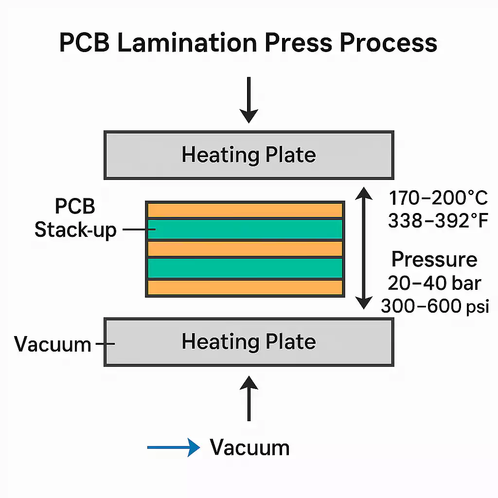 PCB Lamination pressure-temperature profile graph with annotated zones for resin melt, controlled flow