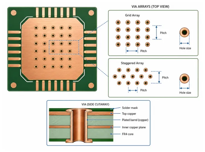 Top-view of a power pad with open thermal vias
