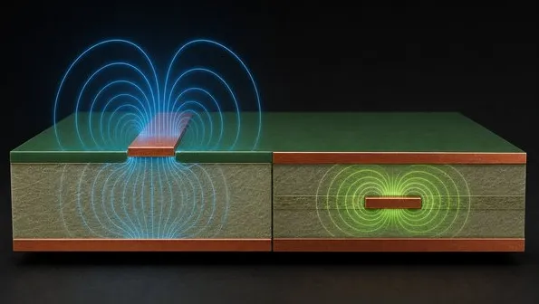 Same 50 Ω geometry on FR4 drawn twice — microstrip with air above versus stripline between planes
