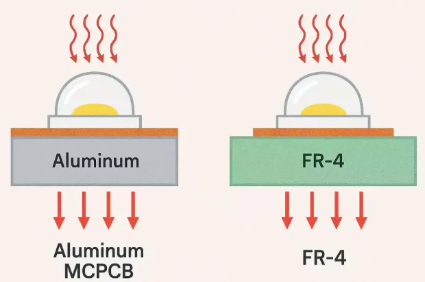 Side-by-side heat-path sketch: FR4 with in-plane copper and a via farm into a clip-on sink versus MCPCB