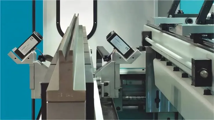 CNC press brake control screen and angle-measurement probe setup