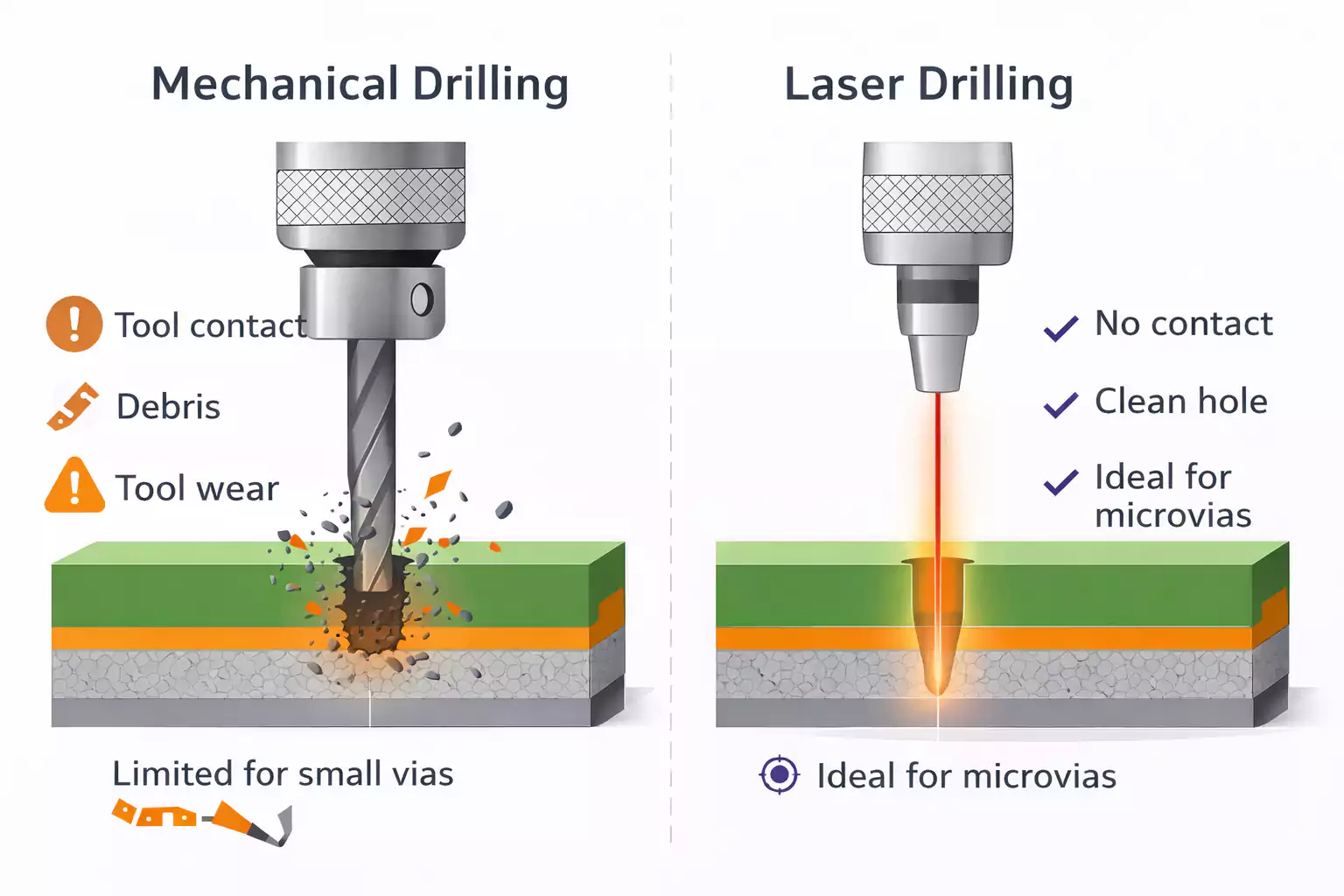 Manufacturing process flow comparison showing mechanical drilling steps (bit selection, drilling, desmear) versus laser drilling (ablation, minimal post-processing) side-by-side for HDI via creation.