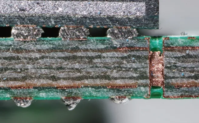 Cross-section photo of a multilayer FR4 via