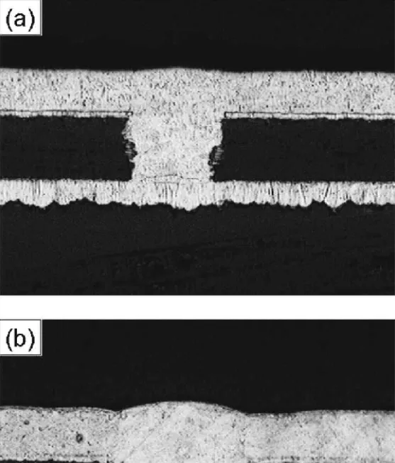 Cross-section of blind via showing aspect ratio impact on plating thickness