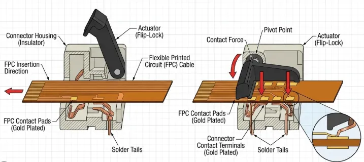 Top-view comparison of ZIF FPC contact zone showing correct coverlay setback, finger length, pitch, and entry-edge chamfer versus common violations