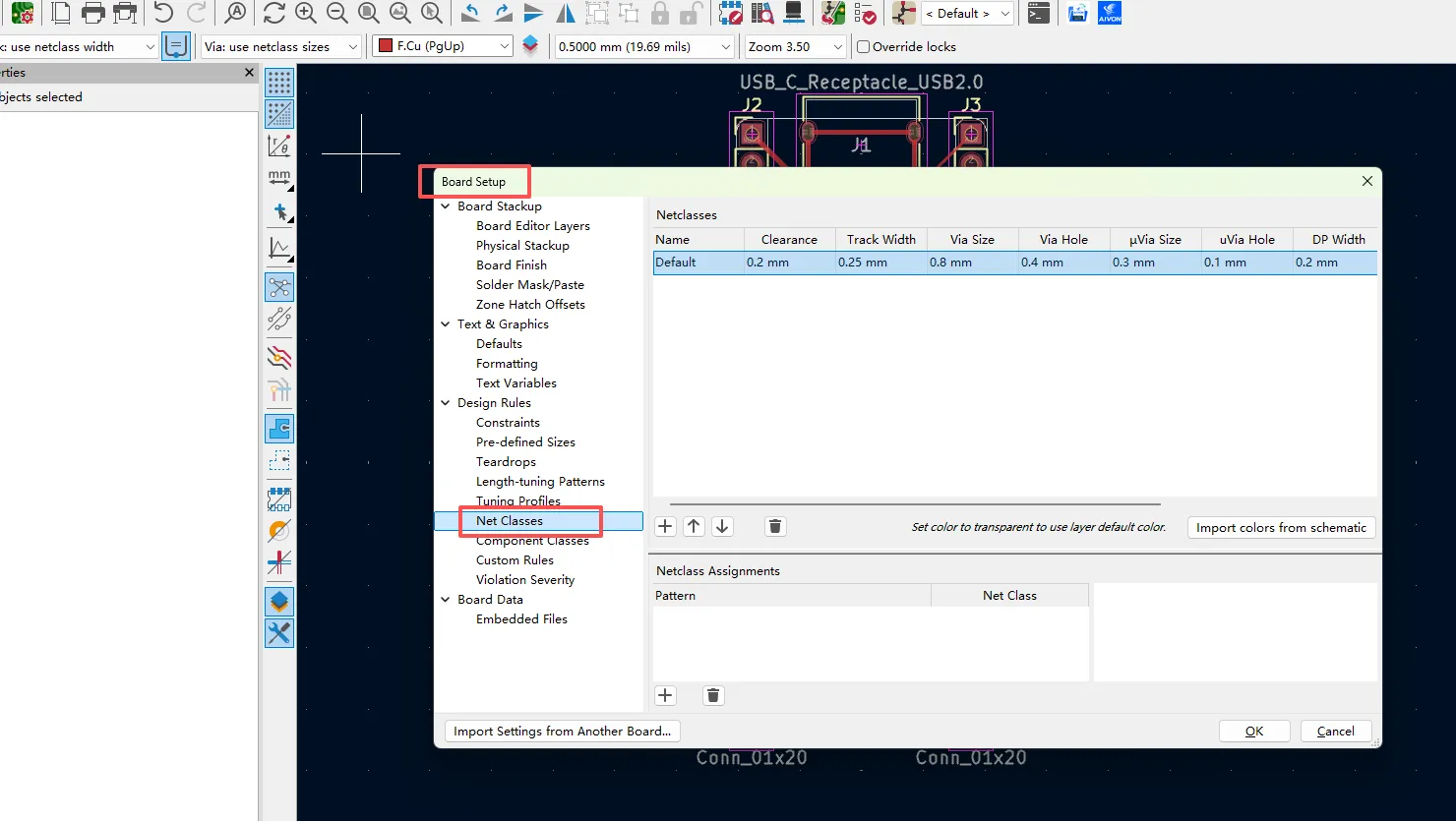 KiCad Board Setup dialog open on the Net Classes or Differential Pairs page, with a custom class highlighted showing width, gap and clearance values.