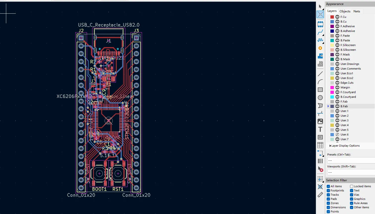 KiCad PCB Editor view showing a board with functional blocks clearly grouped (power, MCU, memory, connectors) and ratsnest lines illustrating signal flow.