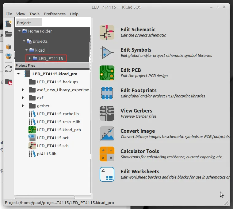 Screenshot of the KiCad project manager window showing a newly created project with the schematic and PCB files listed, plus the folder structure on the left