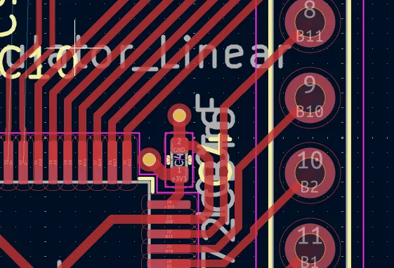 KiCad PCB Editor view of a cleanly routed differential pair with gentle bends, matched serpentine on one side only, and continuous ground plane underneath.