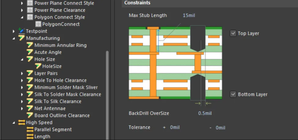 Backdrill layer pair selected in EDA versus finished via stub length after fabrication