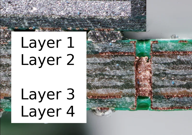 PCB cross-section showing the finished hole wall, plating, and layer registration clearance