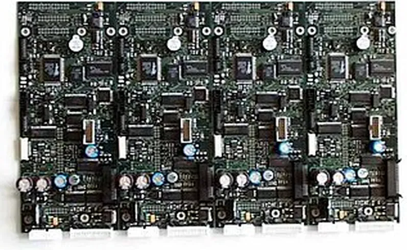Panelized PCB showing board connections and continuous copper areas near the V-CUT