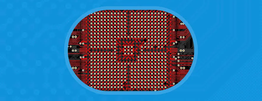 Top-down CAM screenshot of a 0.4 mm pitch BGA area with clearance