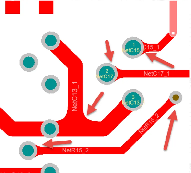 Local PCB view of via, copper neck, and trace entry direction