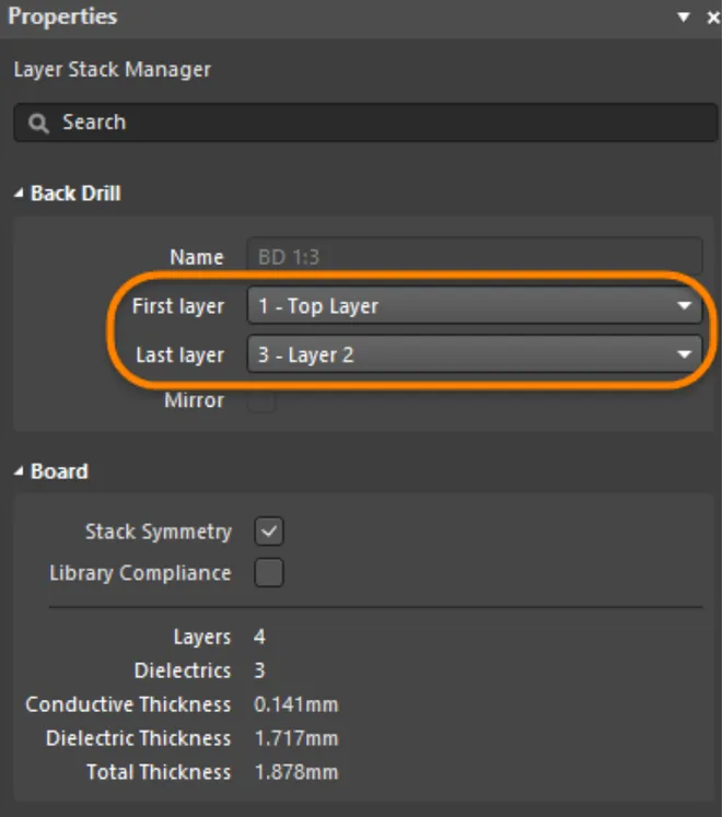 Via properties locking start and stop layers, backdrill direction, and drill diameter