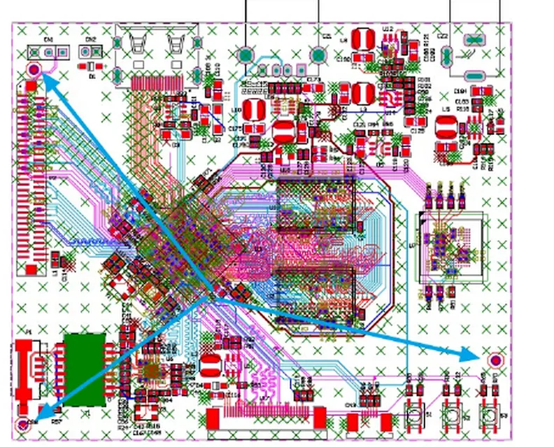 Board-level fiducials spread across the panel to form a wide geometric baseline