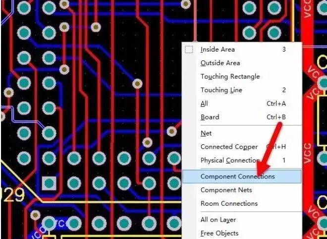 PCB editor menu showing component-related selection options